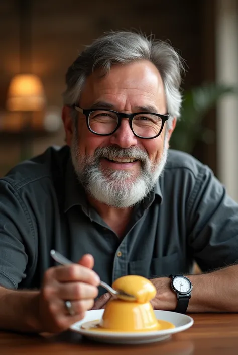 Generate a real image of a man,  approximately 40 years old, hair and a gray beard,  WEARING BLACK-FRAMED GLASSES, with a satisfied and happy face , Sitting at the table eating condensed milk pudding