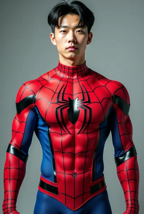 Handsome and sexy Korean ager, ager, young, male, wearing Spiderman costume while showing his sixpack abs, muscular, sixpack, young, front view, Korean idol, hot, very muscle, very horny biceps and triceps, photo realistic, realistic, 8k, UHD, sexy, Biceps...