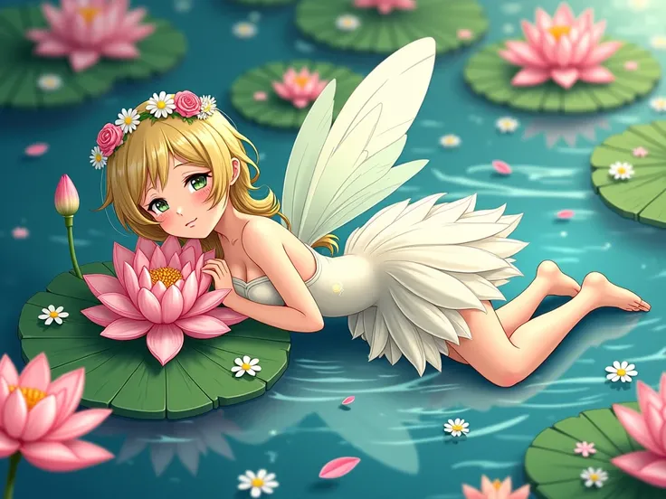 A captivating Japanese anime-style illustration depicts a delicate fairy reclining in a serene pond surrounded by blooming lotus flowers. The artist skillfully uses base colors and thick brushstrokes to create a stunningly textured background and an ethere...