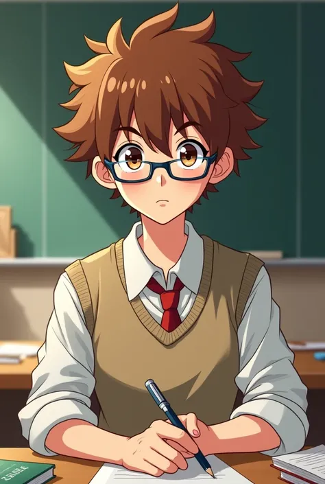 An anime about a nerdy  who wears glasses and has curly hair info for school