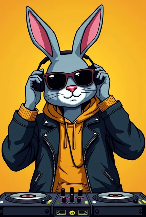 A DJ with the head of an animated rabbit, comic type,  wearing sunglasses , urban style with dark yellow cotton flannel and a black leather jacket, Earphones, Perreo attitude, urban look , Lowering the lenses a little bit with your hands,  enjoying the mus...