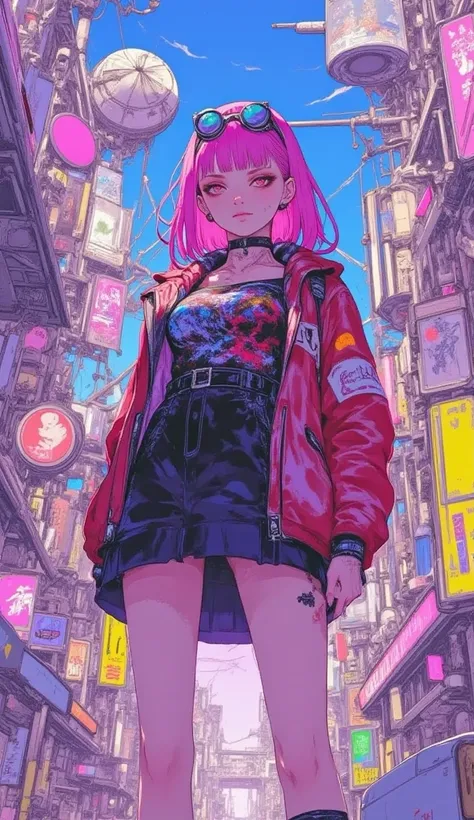 32K, masterpiece,  top quality, (japanese beautiful woman)  cyberpunk,  pink hair with a scar、 cool woman、 Neon City Background ,   goggles,  Coca Cola Jacket ,   colorful lighting ,  Futuristic Street Fashion,  night view,  vibrant colors,  shallow depth ...