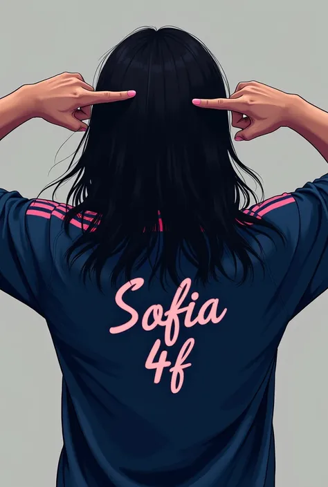 / imagine You can see the back of a  girl ,  she wears a dark blue soccer shirt ,  the shirt has written in cursive letters and the same font size ,  The phrase Sofia 4f , ,  she has her arms raised upwards and with her thumbs pointing down towards her sho...