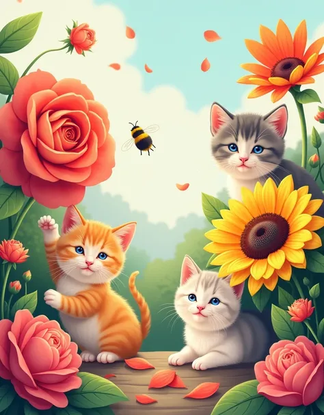 "A lively and colorful cover featuring three adorable kittens playing among an array of oversized flowers, such as peonies, roses, and lilies. One kitten is perched inside a large rose bloom, another is chasing a bumblebee near a bright yellow sunflower, a...