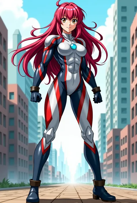 My Hero Academia Style , Anime girl, female, young female,muscular female,Full Body Shot,(Battle Stance:1.3),Long hair, Red Hair,  Brown Eyes,Hero Suit, Full Body Suit, Silver suit with Red and Blue details,small round blue jewel in the center of the chest...