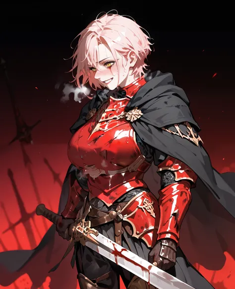 girl, Light Red Hair , in yellow eyes, short hair ,Bright Red Armor , with Black Cloak, Sweat,breathe, black pants ,Leg Armor , King ,Golden Sword ,Bleeding,Injured,cool,barbaric,stand,girl, cute,milf, Slim , big breasts,smile