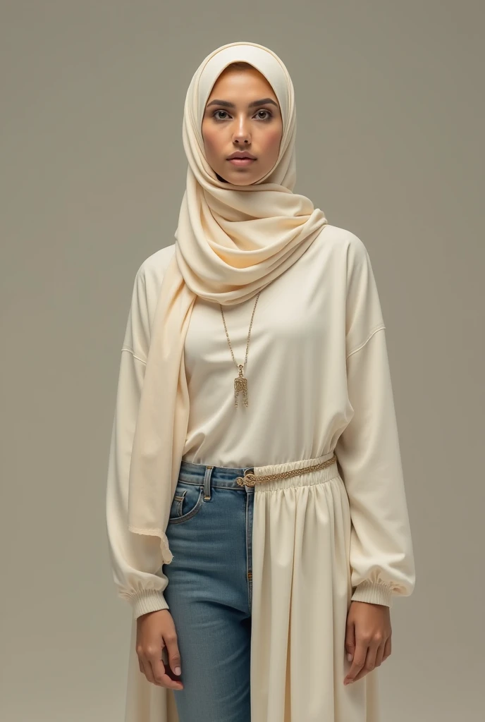 A beautiful woman in a hijab cream blue jeans long skirt