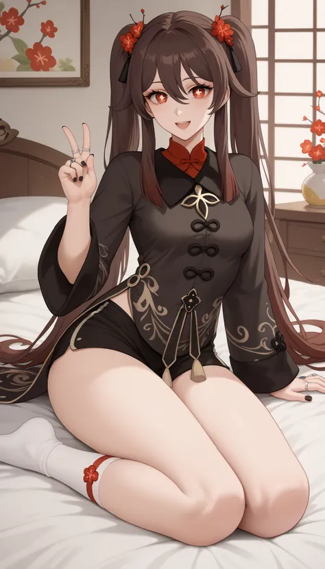 masterpiece, high detail, high quality, five fingers, anatomically correct, sciamano240 style, young woman, cute, perky breasts, wide hips, hutao, long hair, bangs, brown hair, red eyes, hair between eyes, twintails, sidelocks, symbol-shaped pupils,
long s...