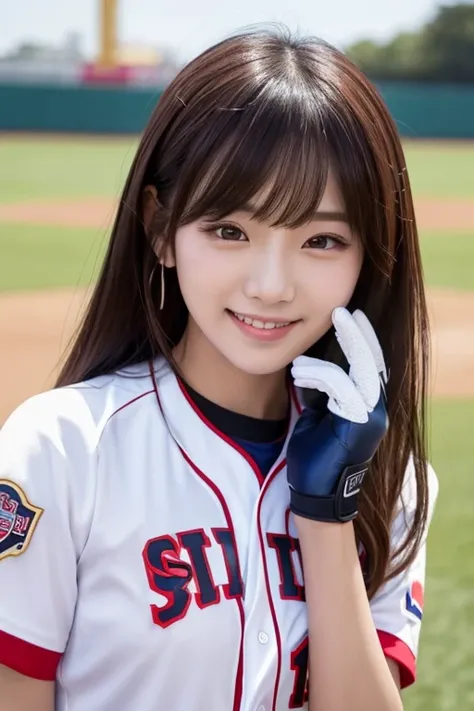 a woman in a baseball uniform holding a glove to her face, kpop star, yanjun chengt, photo of asuna from sao, gigapixel photo, half onesided smile, sakimimichan, hands behind her pose!, interrupting the big game, very long bangs, she is tall, lolita, vivy,...