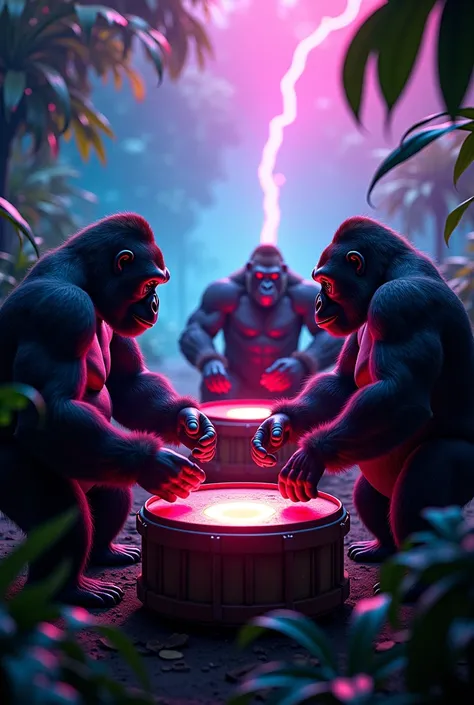 In the dark, neon lights shining in the jungle、 gorillas perform percussion in the dark, neon-lit jungle