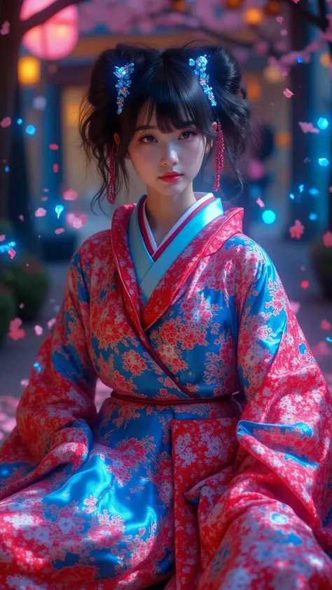  Cyberpunk Style ,Glazing, Shiny Fluorescent Highlights , Bright Pink and Blue Hues , 1 girl in the best,ROUGH,Futuristic Shrine Maiden , Twin Manes with Glowing Ornaments ,cybernetic kimono with holographic floral pattern, resting on a platform illuminate...