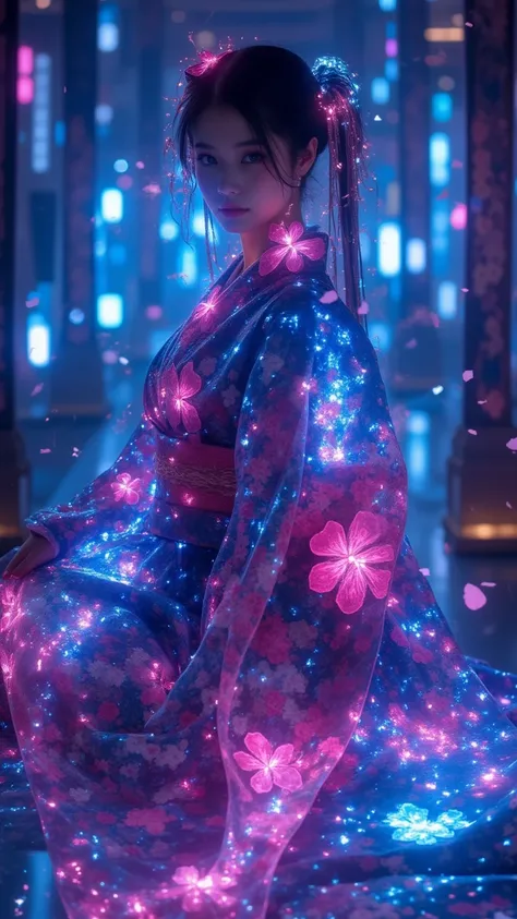  Cyberpunk Style ,Glazing, Shiny Fluorescent Highlights , Bright Pink and Blue Hues , 1 girl in the best,ROUGH,Futuristic Shrine Maiden , Twin Manes with Glowing Ornaments ,cybernetic kimono with holographic floral pattern, resting on a platform illuminate...