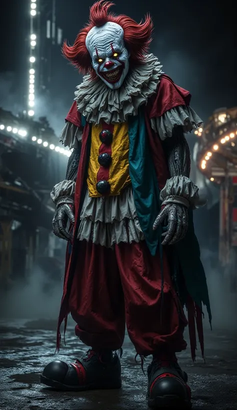 A sinister clown standing in a dark, eerie carnival setting. Its face is painted with smeared white and red makeup, featuring a wide, menacing grin with sharp teeth. The clown's eyes are glowing and piercing, giving an unsettling, hypnotic stare. It wears ...