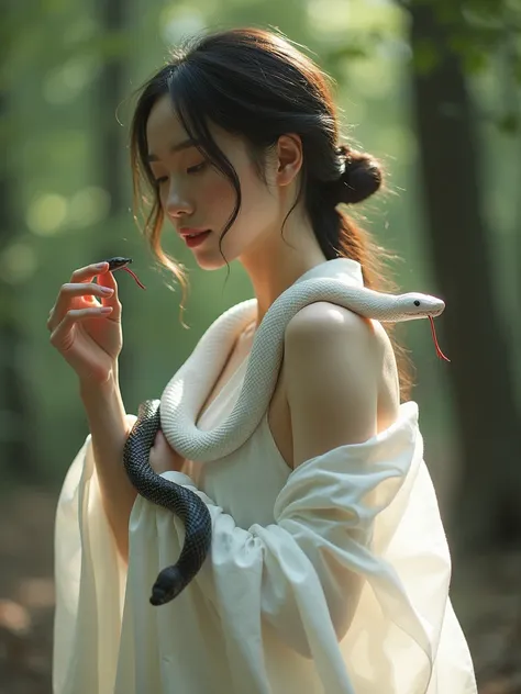  A beautiful 27-year-old Japanese woman is wearing a white glowing robe　There are no sleeves and everything from the upper arm to the hand is exposed
A white snake is wrapped around my right arm　The snake holds its head up and sticks out its tongue
A black...