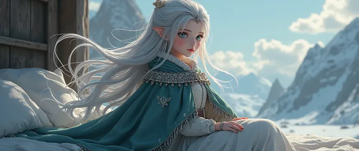  a Norwegian charcoal gray wool gown and 、Anime Images、 full body image 、 Compa、  full body view、 elegant pale Elegant loose waves with 、Beautiful  girl, Family Runes, like,  embroidered with healing and protection ,  with knee-high stockings , White deers...