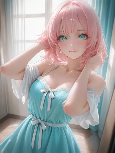 A very cute and adorable girl, she has beautiful short light pink hair with bangs, turquoise eyes.