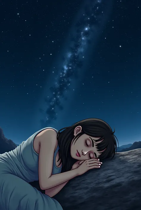 A person with palms placed under the cheek, lying on the side, sleeping, head resting against a rock, Universe sky over her 