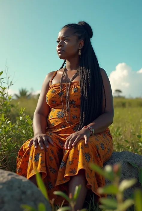 Generate the image of a fat and sturdy African woman with clear skin,  very brunette with sad face, worried and worried , Eyes fixed on the daylight that lights up the landscape, Very long black frizzy hair tied with a knot, des vêtements traditionnels qui...