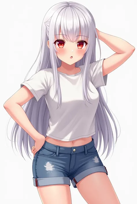 Create an anime girl with long white hair, Red eye iris, casual clothes, being a regular shirt and shorts that sit around the middle of the thigh, with a bit of definition in the muscles, medium-large breasts and medium-large buttocks Alta