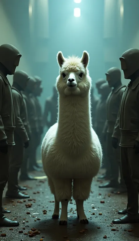 A fluffy alpaca standing among Squid Game contestants, looking oddly calm despite the tension.