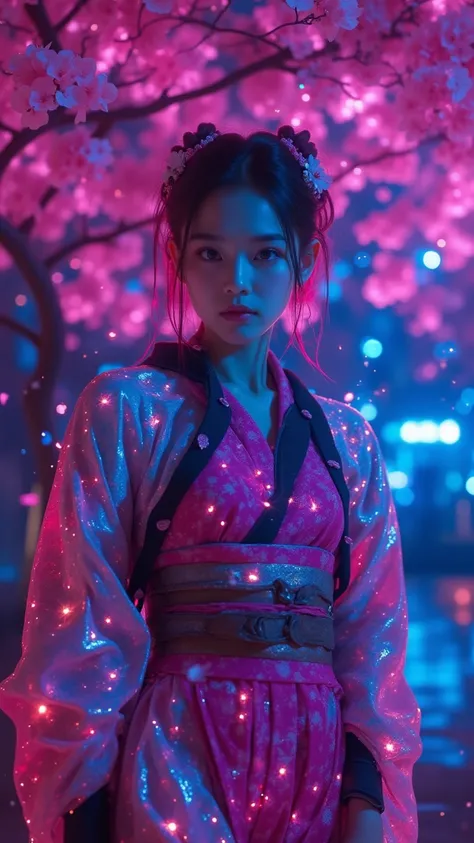   Cyberpunk Style ,Glazing,  shiny fluorescent highlights   ,  Bright Pink and Blue Hues  ,  a beautiful woman with pointed ears  ,Rough,Futuristic Shrine Maiden  ,   Twin Maine tribe with sparkling decorations   ,  ホログRoughィック桜模様のサイバネティック着物,   Take a brea...