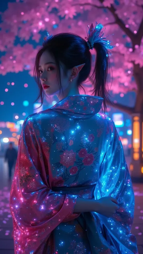   Cyberpunk Style ,Glazing,  shiny fluorescent highlights   ,  Bright Pink and Blue Hues  ,  a beautiful woman with pointed ears  ,Rough,Futuristic Shrine Maiden  ,   Twin Maine tribe with sparkling decorations   ,  ホログRoughィック桜模様のサイバネティック着物,   Take a brea...