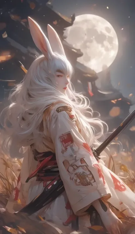 最 high quality,  high quality,  Detailed Details  , reality,  about rabbits Pure white anthropomorphic woman with rabbit head, Beautiful Faces ,Sharp Eye ,  driveway in the prairie  ,  model body type , kimono-like clothes , Smooth martial arts movement of...