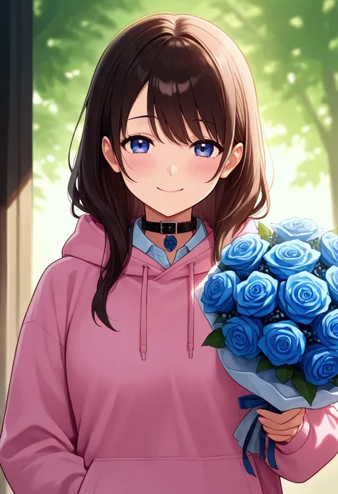 Woman in uniform。There are no buttons on the collar 、 Wearing a Pink Hoodie ,  with a bouquet of blue roses , Toothless smile ,  のportrait , ,   standing against the midday sky , portrait. 