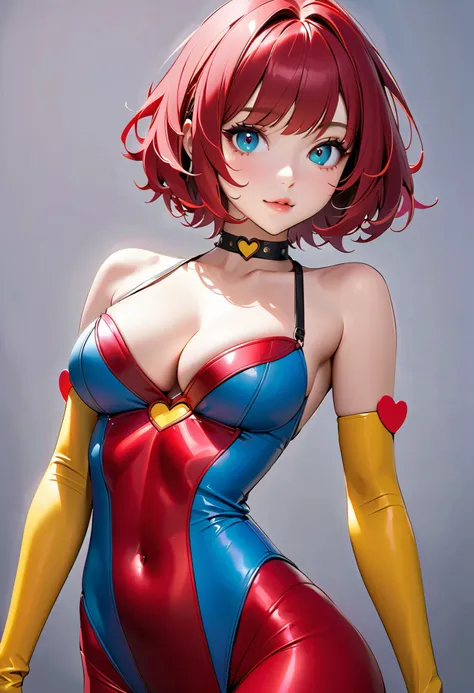 High Definition , masterpiece, Accurate, top quality, High Definition model, high detail, (((Tim Burton style))), Dark, The textures are soft, matte and toy-like , with a handmade premium look, 1 woman, solo, ((upper body)), (cutie honey, Red hair, short h...