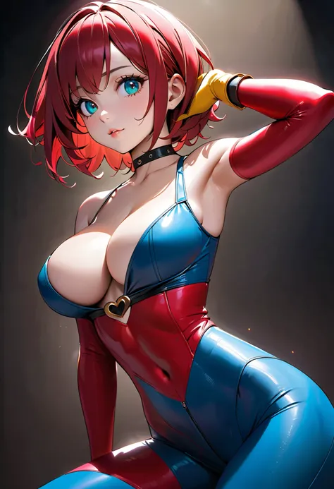 High Definition , masterpiece, Accurate, top quality, High Definition model, high detail, (((Tim Burton style))), Dark, The textures are soft, matte and toy-like , with a handmade premium look, 1 woman, solo, ((upper body)), (cutie honey, Red hair, short h...