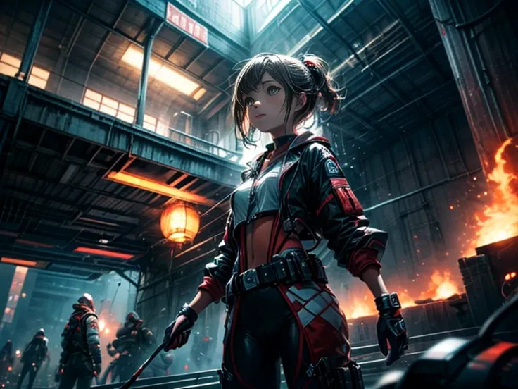  masterpiece，1 warrior monk girl in a tech suit，  short dark hair ， Laces，  abstract retro sci-fi background ，   dynamic pose ， panoramic spaceship interior，  moisture , Danger, fear, horror, oppressive atmosphere., dynamics, movement, wind