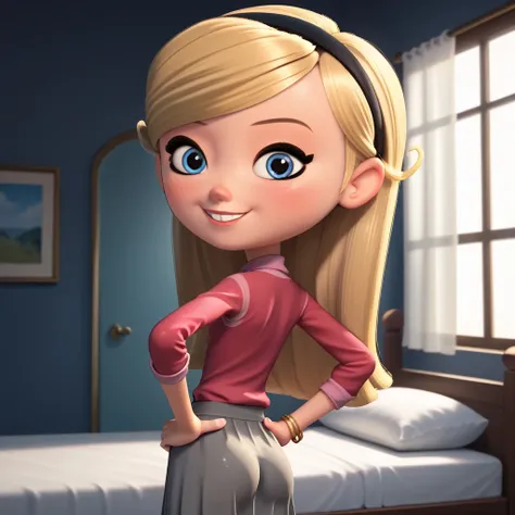 1girl, solo, penny peterson, long hair, blue eyes, 3d, blonde hair, red shirt with a tan jacket on top and a gray skirt, bracelet, butt Clench, Hands on hips, perfect body, sexy, looking at viewer, cute giggle, smiling, dynamic angle, indoor, wet, blushing...