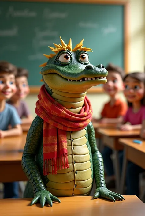 An alligator wears a scarf and shows his blonde hair while smiling. He enters a class with students and their teacher smiling and the teacher Nuwara's scarf is written in a clear bold font 