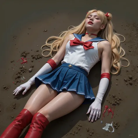 Hyperrealism, masterpiece, highest quality, A young Japanese woman is laying down flat on the dirt, painful face, ((Wearing a Sailor Moon costume, Being restrained)), ((Blue sailor collar, Blue mini pleated skirt, Long white gloves, shiny beige color panty...