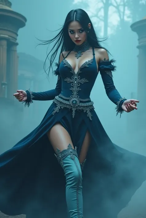 Mujer gotica Dancing.  black hair,high forehead ojos celestes hielo.  big boobs.  in the forehead penetrating look embracing.  long hair with a braid , Dancing,  gothic costume with silver ornaments  ,high forehead,  blue eyes, 27 year old , light blue hig...