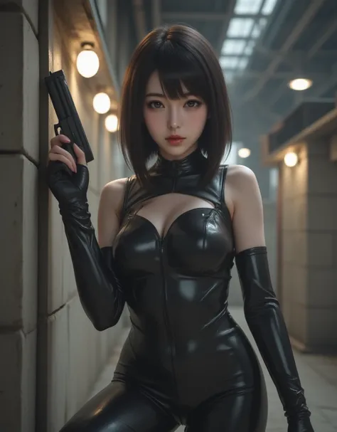 anime,  female 1 person、 Asian Beauty , Perfect Style, perfect body, realistic skin, anatomically correct、She is wearing a shiny black rider suit, She's crouching with her back against a wall and holding a handgun 、Abandoned Factory、Patrol Light , sparkle,...