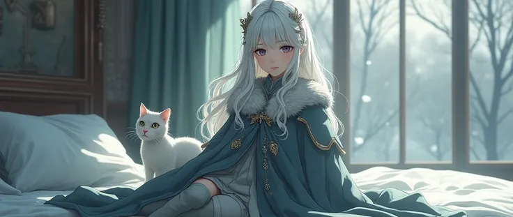  a Norwegian charcoal gray wool gown and 、Anime Images、 full body image 、 Compa、  full body view、 elegant pale Elegant loose waves with 、Beautiful  girl, Family Runes, like,  embroidered with healing and protection ,  with knee-high stockings , White deers...