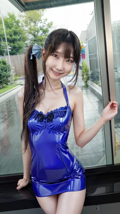  1 girl in the best, ayumishinoda, chest,  long hair,  Open Lips, glass,  blue latex china dress、 poolside、Thigh to head 、
 Watch viewers,  shot with Canon DSLR,
 detailed body, 非常に skinny body、 Attractive Body,  perfect human body ,  is present face, Twin...