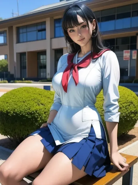    blue Asian woman in white uniform in strict uniform is posing on a bench,    Japanese high school uniform,   Japanese School Uniform,   Japanese School Uniformを着ている,    the principal is wearing a uniform    , 超  Manga inspired by actual high school girl...