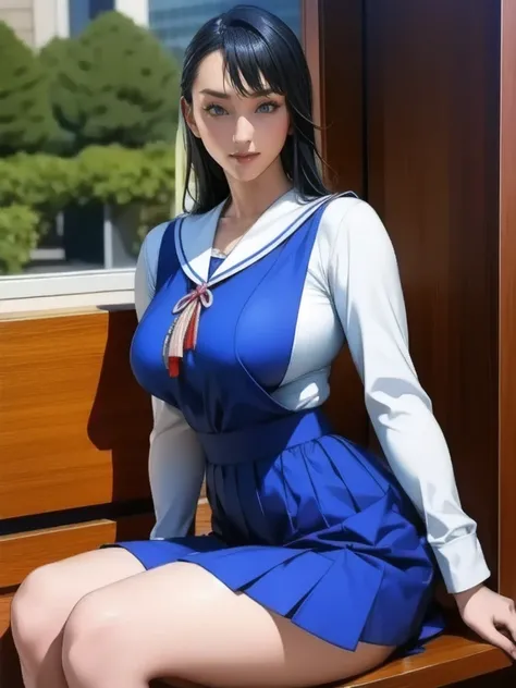    blue Asian woman in white uniform in strict uniform is posing on a bench,    Japanese high school uniform,   Japanese School Uniform,   Japanese School Uniformを着ている,    the principal is wearing a uniform    , 超  Manga inspired by actual high school girl...