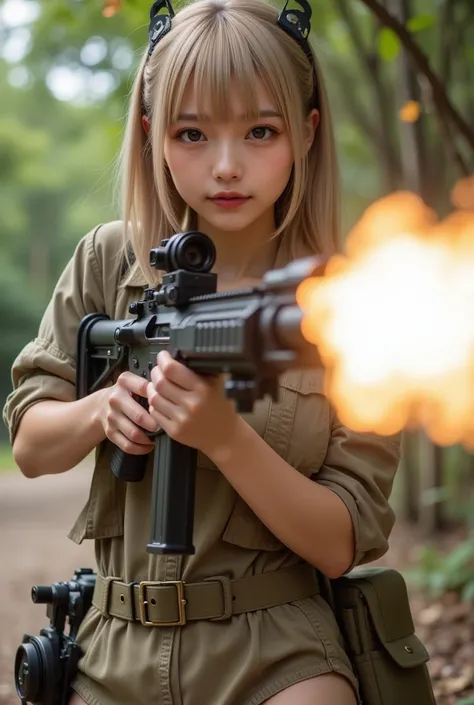   Beautiful girl has a Gatling gun    、  m134,   machine gun firing    、 ACCURATE FIRE LOCATION 、  、    violently vibrating machine gun and a woman's body 、Ammo dancing in the air    、Muzzle flash  、Outdoors、  with blond hair  