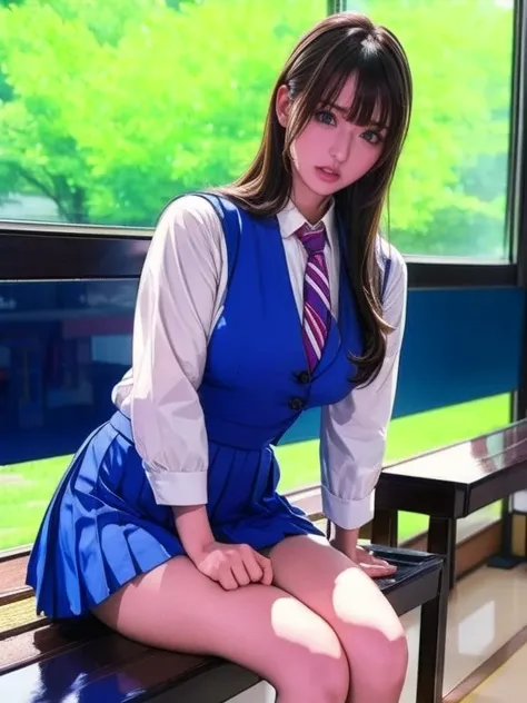  a blue Asian woman in a white uniform posing on a bench,  Japanese high school girl uniform  , Japanese School Uniform, Japanese School Uniformを着ている,  the principal is wearing a uniform  , 超  REAL SCHOOLGIRLS  , a hyper  REAL SCHOOLGIRLS  ,  in a strict s...