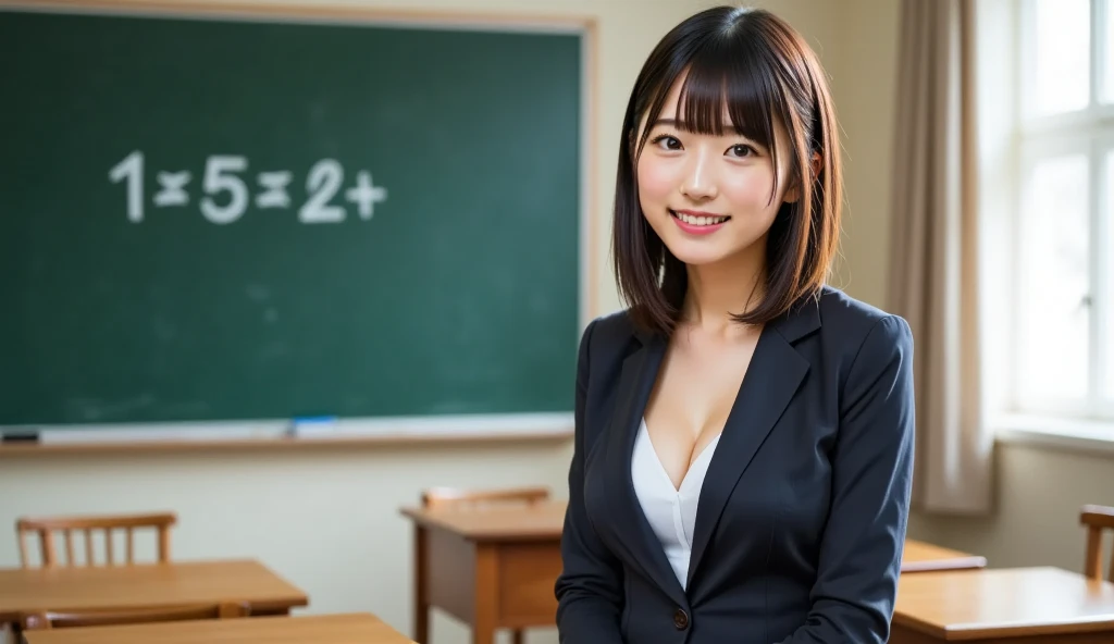 Female teacher in a suit on the right　On the left is a blackboard ,  smiles, multiplication one no dhan