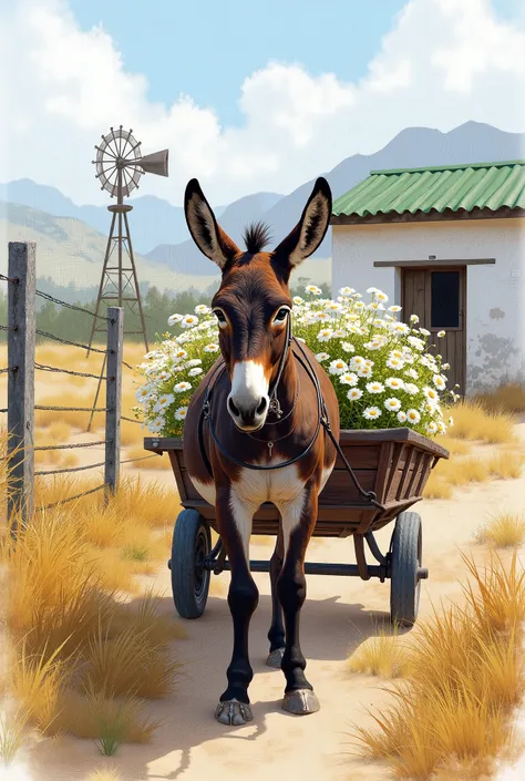 A close up of a donkey pulling a small cart full of African Daisies. In the back ground a wire fence and a iron farm gate. A small, neat, countryside farm house with plastered walls  and a green gorrugated tin roof. Mountains and a windpump with a concrete...