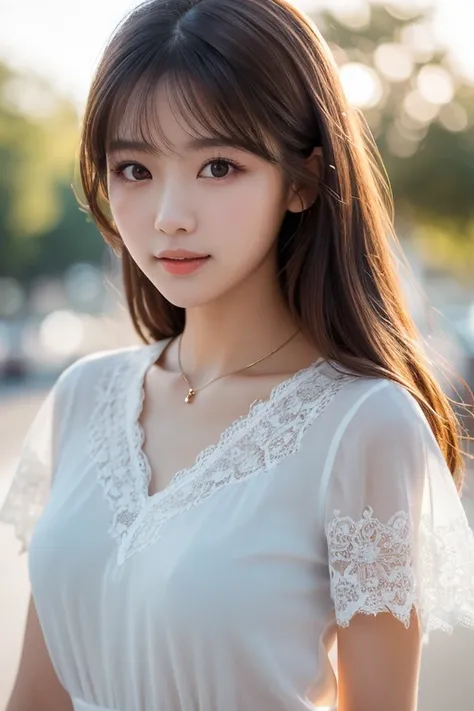 A beautiful and elegant young woman with a gentle and confident expression, fair and flawless skin, and soft brown hair that frames her face naturally. She is wearing a fashionable and modest outfit, such as a pastel-colored blouse with delicate lace or ru...