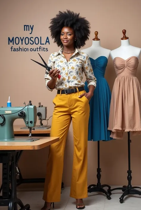 A Nigerian fair lady wearing beautiful pants and shirt holding scissors standing beside an industrial sewing machine with two mannequin boldly on the wall with beautiful dress on it and my brand name boldly written on the wall MOYOSOLA FASHION OUTFITS 