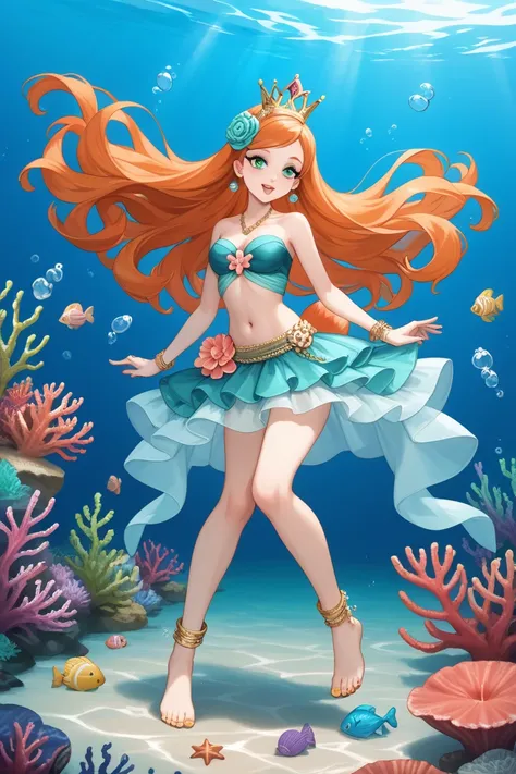 For the **Sea-Horse** theme, keeping the rule of showing Orihime's navel and toes:  

**Top:** Orihime wears a cropped, scalloped top made of shimmering aqua-blue and golden materials that resemble the scales of a sea creature. The top features a high neck...