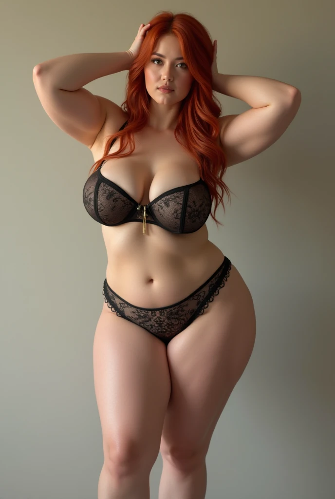  young woman,  big breasts,  huge breasts, enorme trasero,  big butt,  thick legs , slim, high,  redhead, scantily clad, Hyperrealism, realism,  foreground,   skirt showing butt, showing bust ,  your hands on your head, stupid,  lingerie 