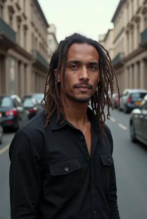  a busy man with dreads and a black shirt on a city street ,  photographed in the early 2020s  ,  taken in the late 2010s ,  taken in the late 2000s, Frontal photo,  profile photo in close ,  taken in the mid-2000s, Frank Dillane as disc , cerca de 19 anos...