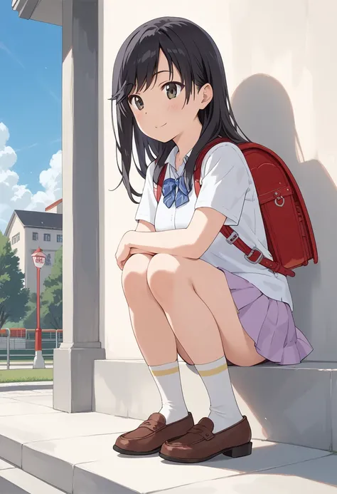 solo, (ichijou hotaru, black hair, black eyes, black hair, long hair, medium breasts), BREAK, , short-sleeved shirt, red backpack for primary school students, outdoor, smile, full body, mini skirt, light purple skirt, white socks, brown shoes, blue sky